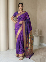 Purple Paithani Silk Saree with Jhumka Zari Motifs, Meenakari Peacock Pallu and Triple Muniya Border
