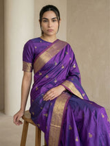 Purple Paithani Silk Saree with Jhumka Zari Motifs, Meenakari Peacock Pallu and Triple Muniya Border