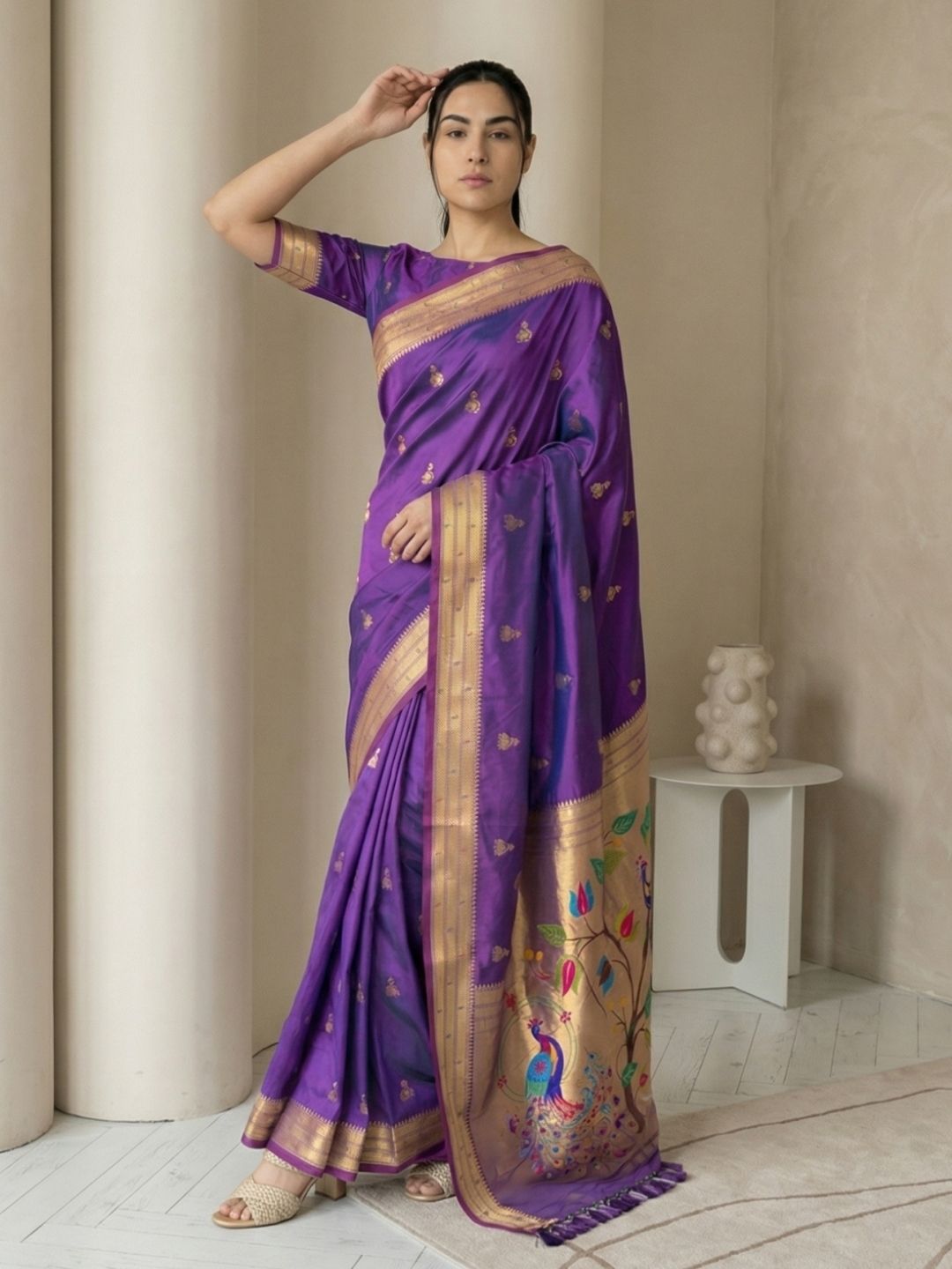 Purple Paithani Silk Saree with Jhumka Zari Motifs, Meenakari Peacock Pallu and Triple Muniya Border