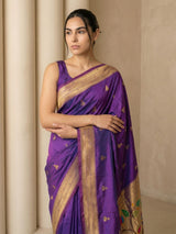 Purple Paithani Silk Saree with Jhumka Zari Motifs, Meenakari Peacock Pallu and Triple Muniya Border