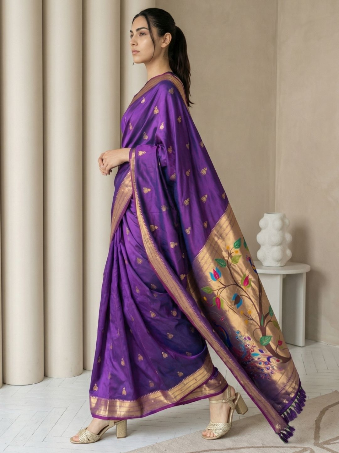 Purple Paithani Silk Saree with Jhumka Zari Motifs, Meenakari Peacock Pallu and Triple Muniya Border