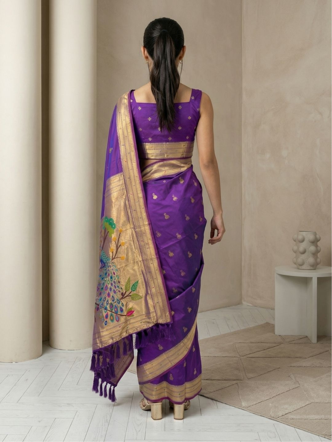 Purple Paithani Silk Saree with Jhumka Zari Motifs, Meenakari Peacock Pallu and Triple Muniya Border