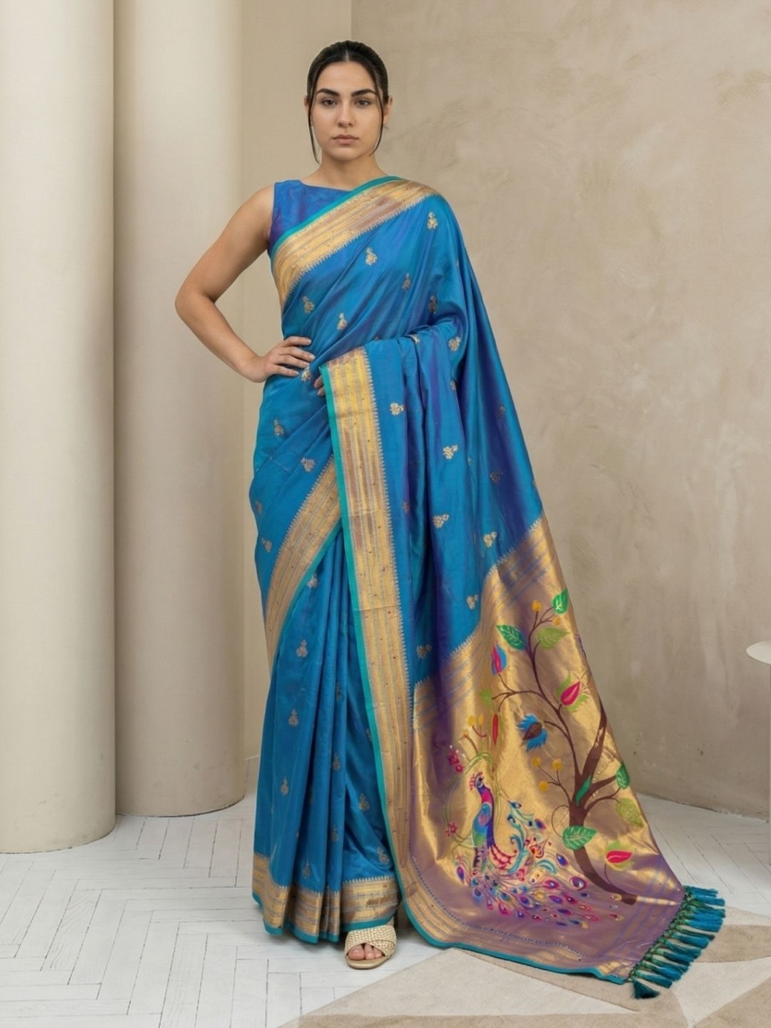 Rama Paithani Silk Saree with Jhumka Zari Motifs, Meenakari Peacock Pallu and Triple Muniya Border