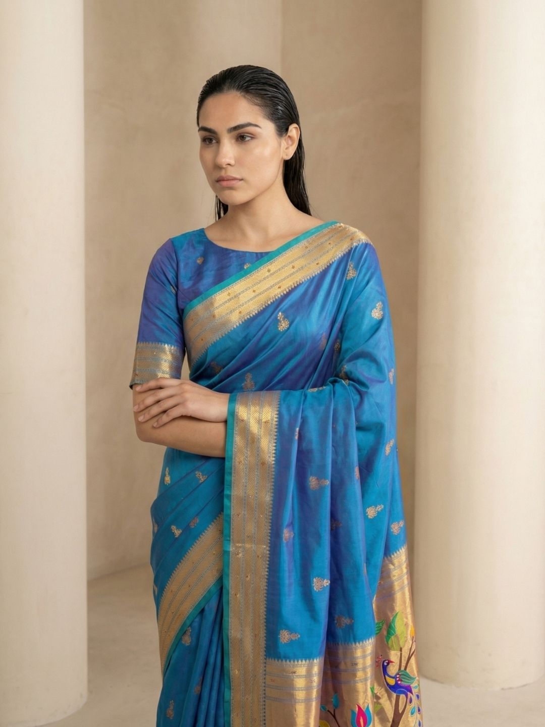 Rama Paithani Silk Saree with Jhumka Zari Motifs, Meenakari Peacock Pallu and Triple Muniya Border