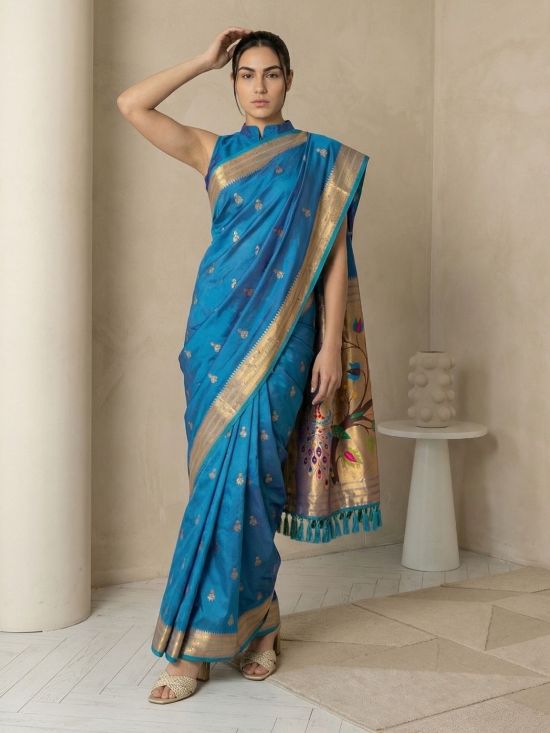 Rama Paithani Silk Saree with Jhumka Zari Motifs, Meenakari Peacock Pallu and Triple Muniya Border