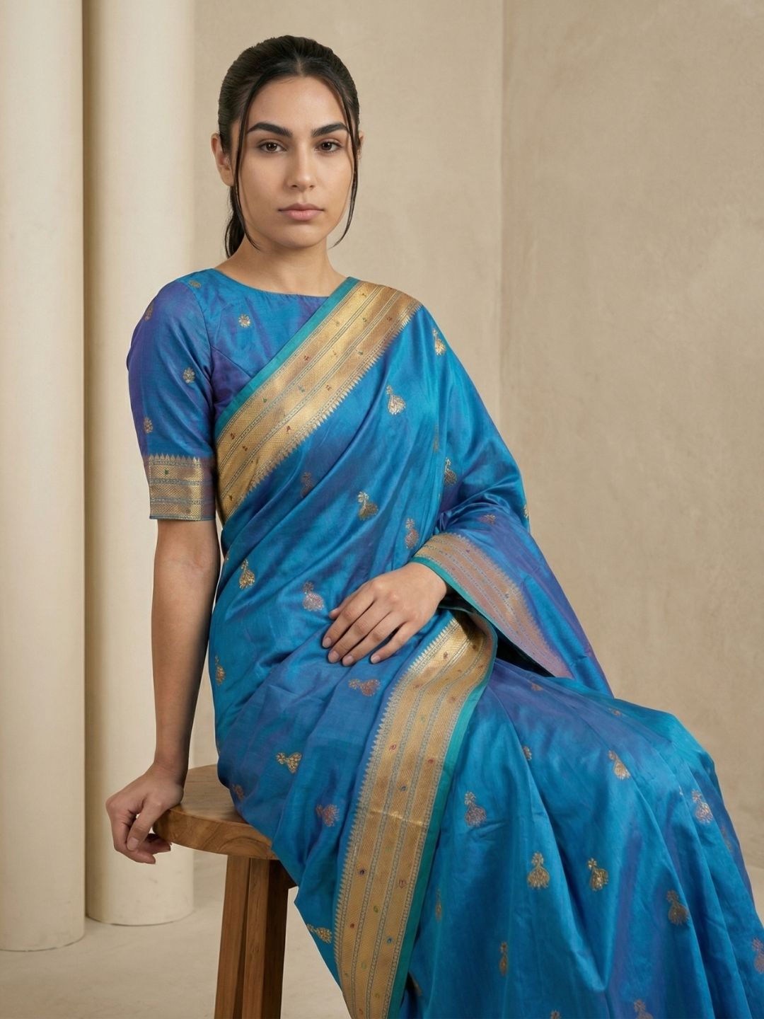 Rama Paithani Silk Saree with Jhumka Zari Motifs, Meenakari Peacock Pallu and Triple Muniya Border