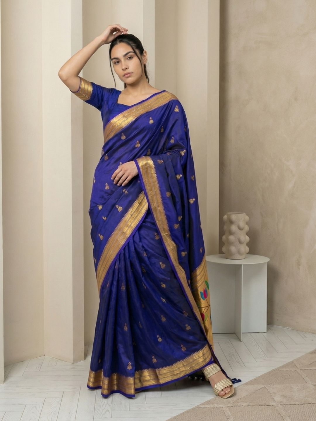 Violet Paithani Silk Saree with Jhumka Zari Motifs, Meenakari Peacock Pallu and Triple Muniya Border