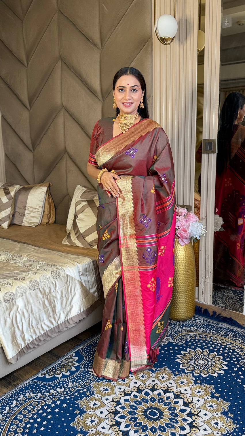 Coffee soft silk ikkat patola saree with meenakari motifs peacock pallu and gold zari border