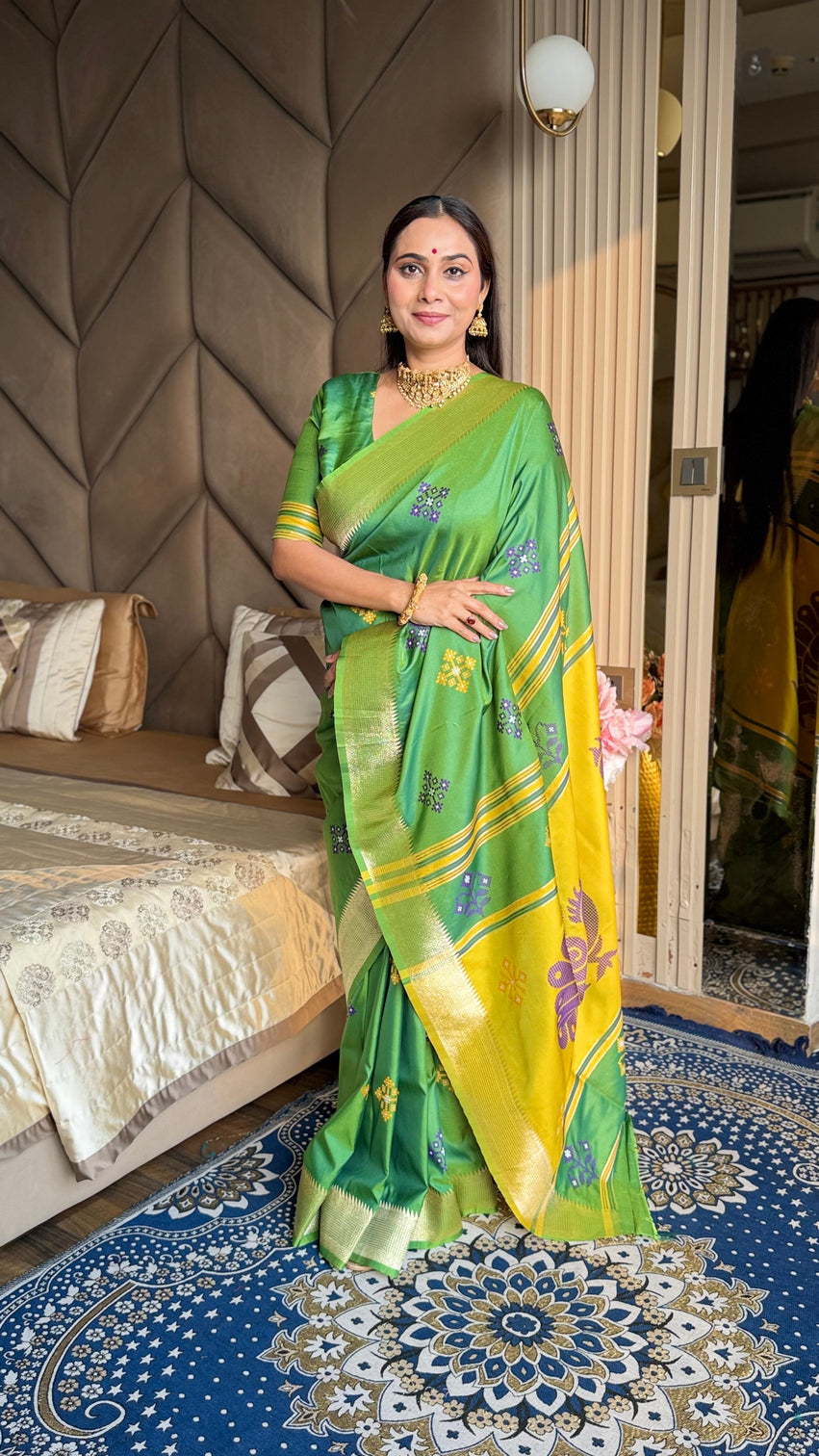 Mehendi soft silk ikkat patola saree with meenakari motifs peacock pallu and gold zari border