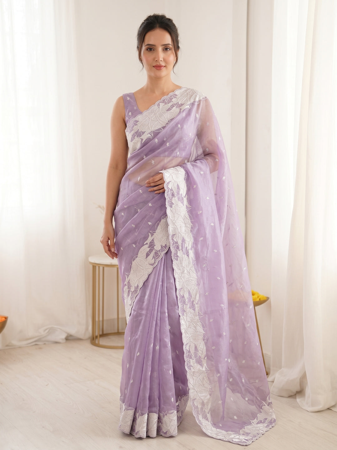 Lavender Pure Organza Silk Crush Saree Designer Party Wear Saree With Turkish Work Embroidered Cutwork Border Wedding Festive Saree