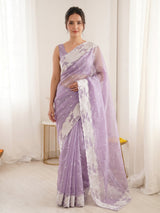 Lavender Pure Organza Silk Crush Saree Designer Party Wear Saree With Turkish Work Embroidered Cutwork Border Wedding Festive Saree