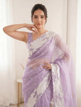 Lavender Pure Organza Silk Crush Saree Designer Party Wear Saree With Turkish Work Embroidered Cutwork Border Wedding Festive Saree