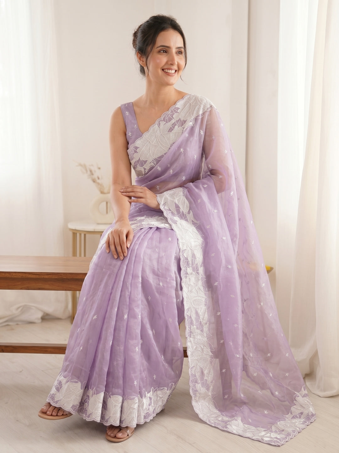 Lavender Pure Organza Silk Crush Saree Designer Party Wear Saree With Turkish Work Embroidered Cutwork Border Wedding Festive Saree