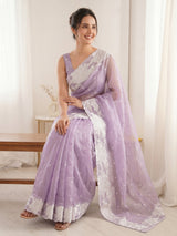 Lavender Pure Organza Silk Crush Saree Designer Party Wear Saree With Turkish Work Embroidered Cutwork Border Wedding Festive Saree