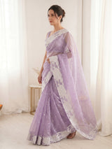 Lavender Pure Organza Silk Crush Saree Designer Party Wear Saree With Turkish Work Embroidered Cutwork Border Wedding Festive Saree