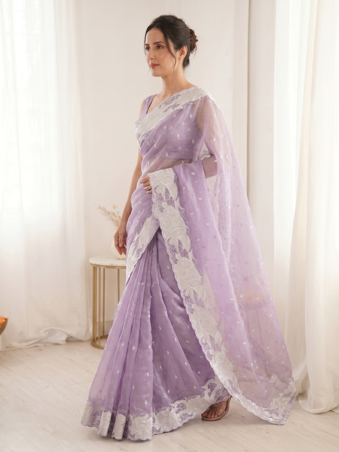 Lavender Pure Organza Silk Crush Saree Designer Party Wear Saree With Turkish Work Embroidered Cutwork Border Wedding Festive Saree