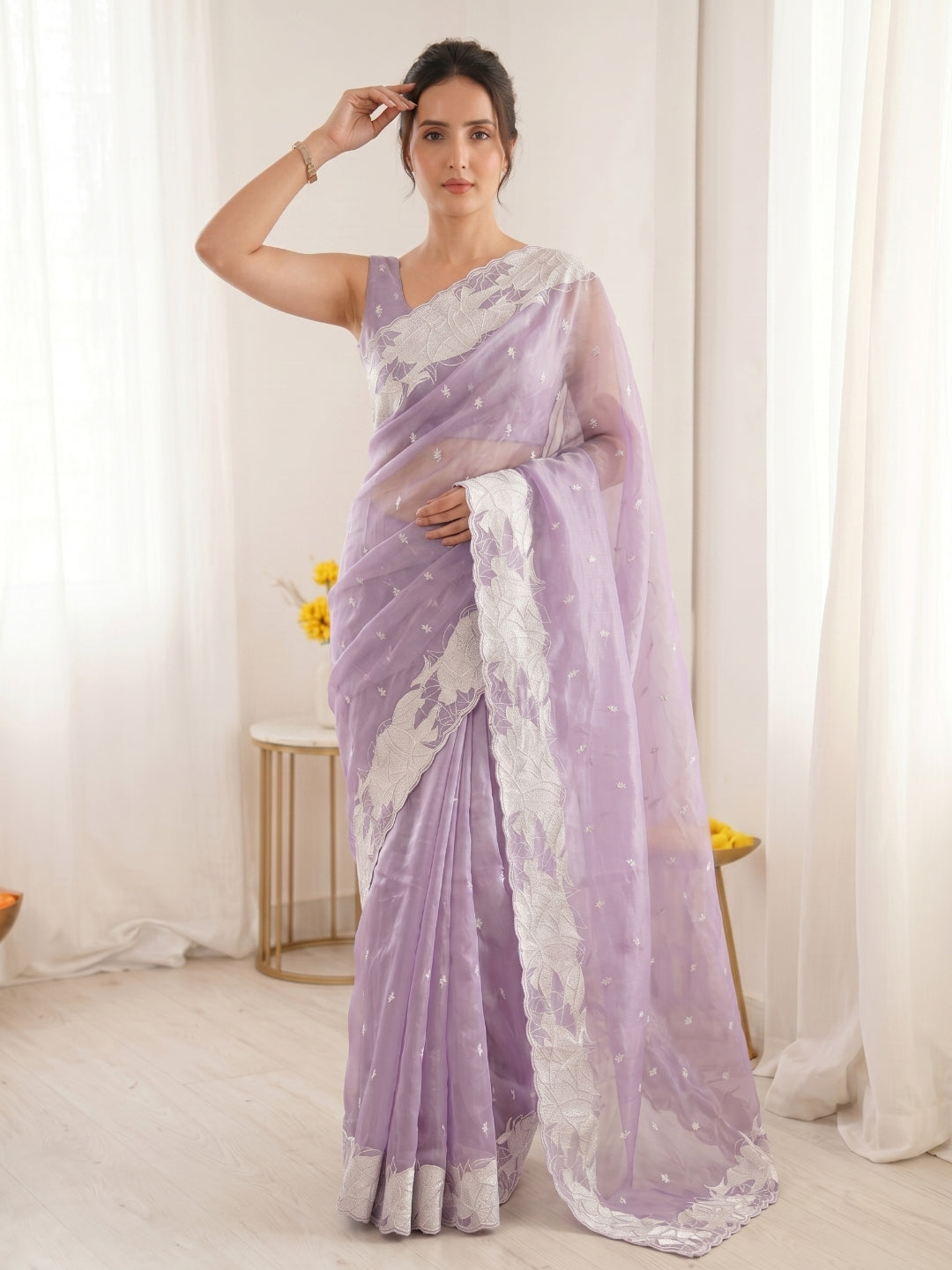Lavender Pure Organza Silk Crush Saree Designer Party Wear Saree With Turkish Work Embroidered Cutwork Border Wedding Festive Saree
