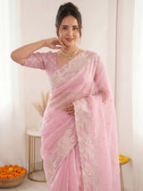 Pink Pure Organza Silk Crush Saree Designer Party Wear Saree With Turkish Work Embroidered Cutwork Border Wedding Festive Saree