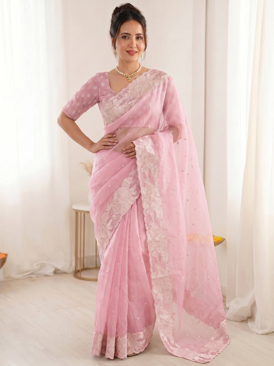Pink Pure Organza Silk Crush Saree Designer Party Wear Saree With Turkish Work Embroidered Cutwork Border Wedding Festive Saree