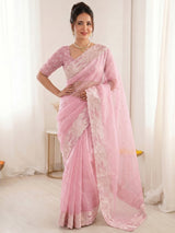 Pink Pure Organza Silk Crush Saree Designer Party Wear Saree With Turkish Work Embroidered Cutwork Border Wedding Festive Saree