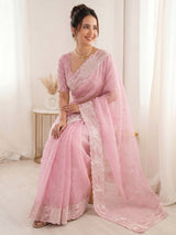 Pink Pure Organza Silk Crush Saree Designer Party Wear Saree With Turkish Work Embroidered Cutwork Border Wedding Festive Saree
