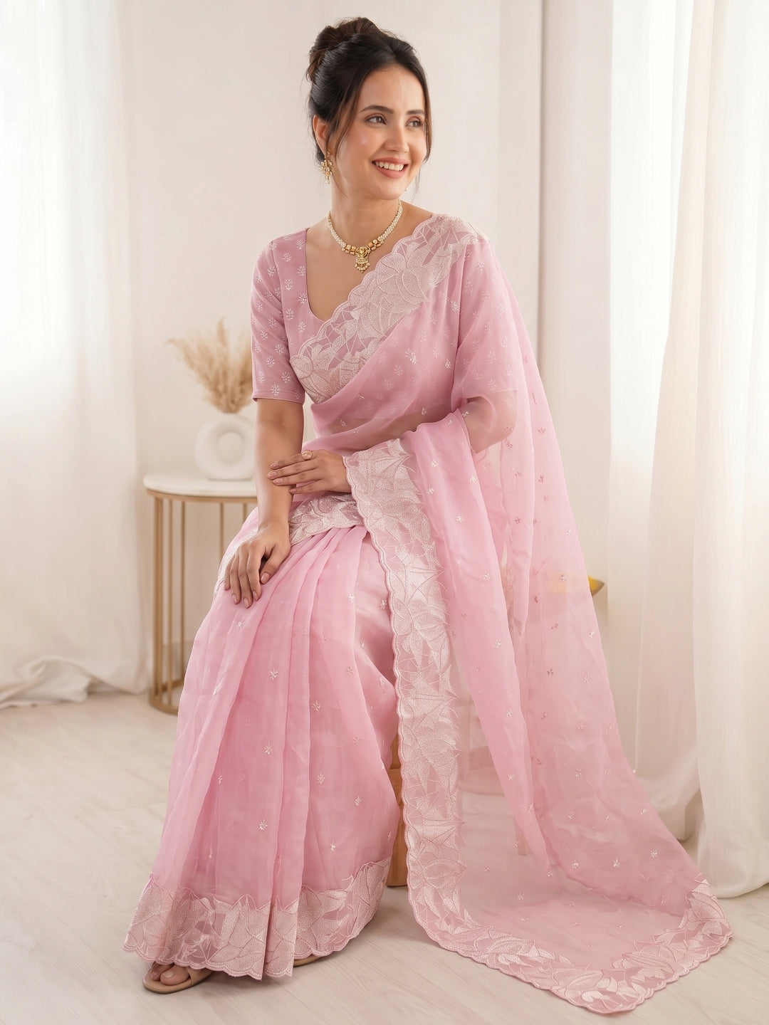 Pink Pure Organza Silk Crush Saree Designer Party Wear Saree With Turkish Work Embroidered Cutwork Border Wedding Festive Saree