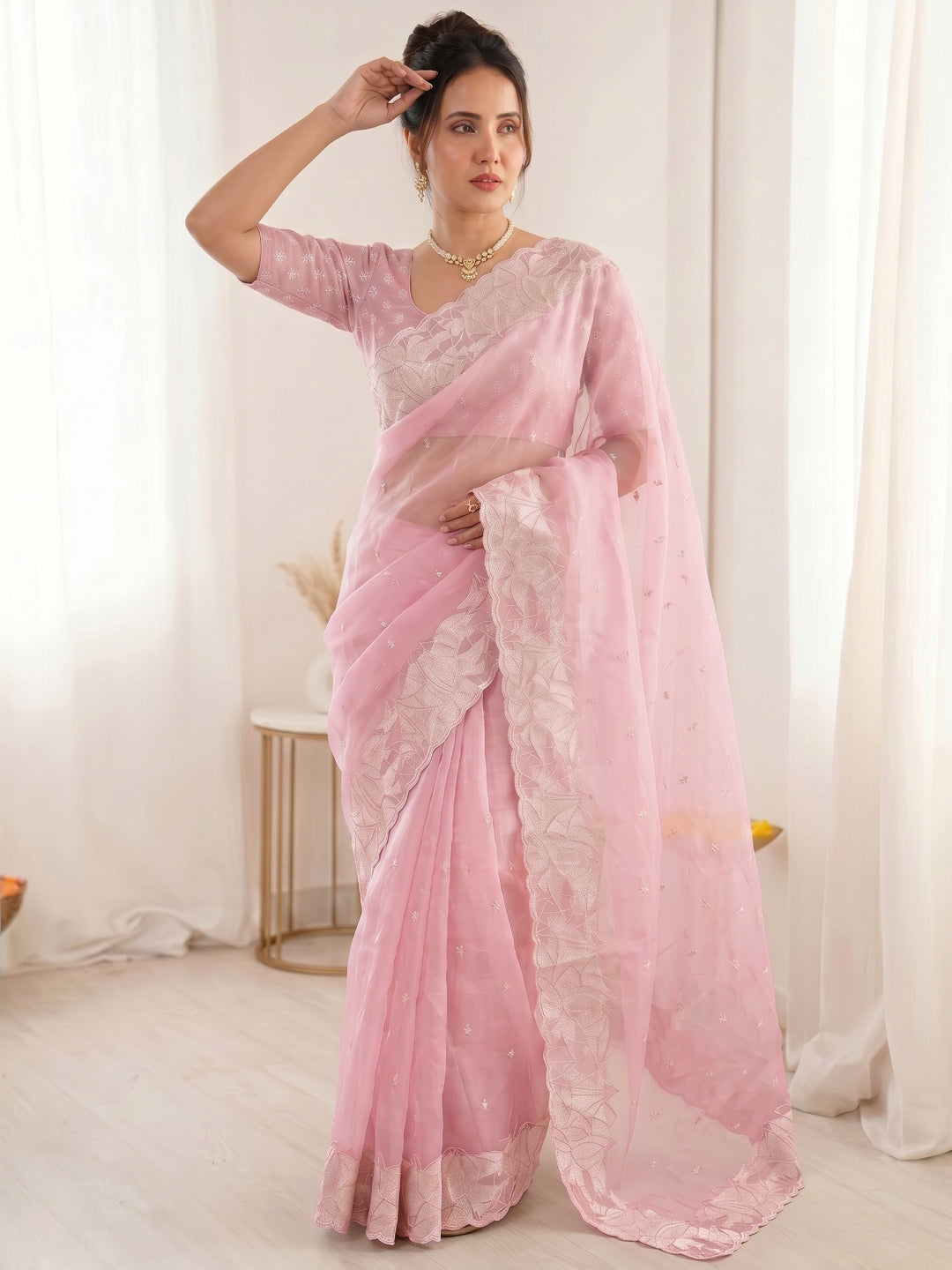 Pink Pure Organza Silk Crush Saree Designer Party Wear Saree With Turkish Work Embroidered Cutwork Border Wedding Festive Saree