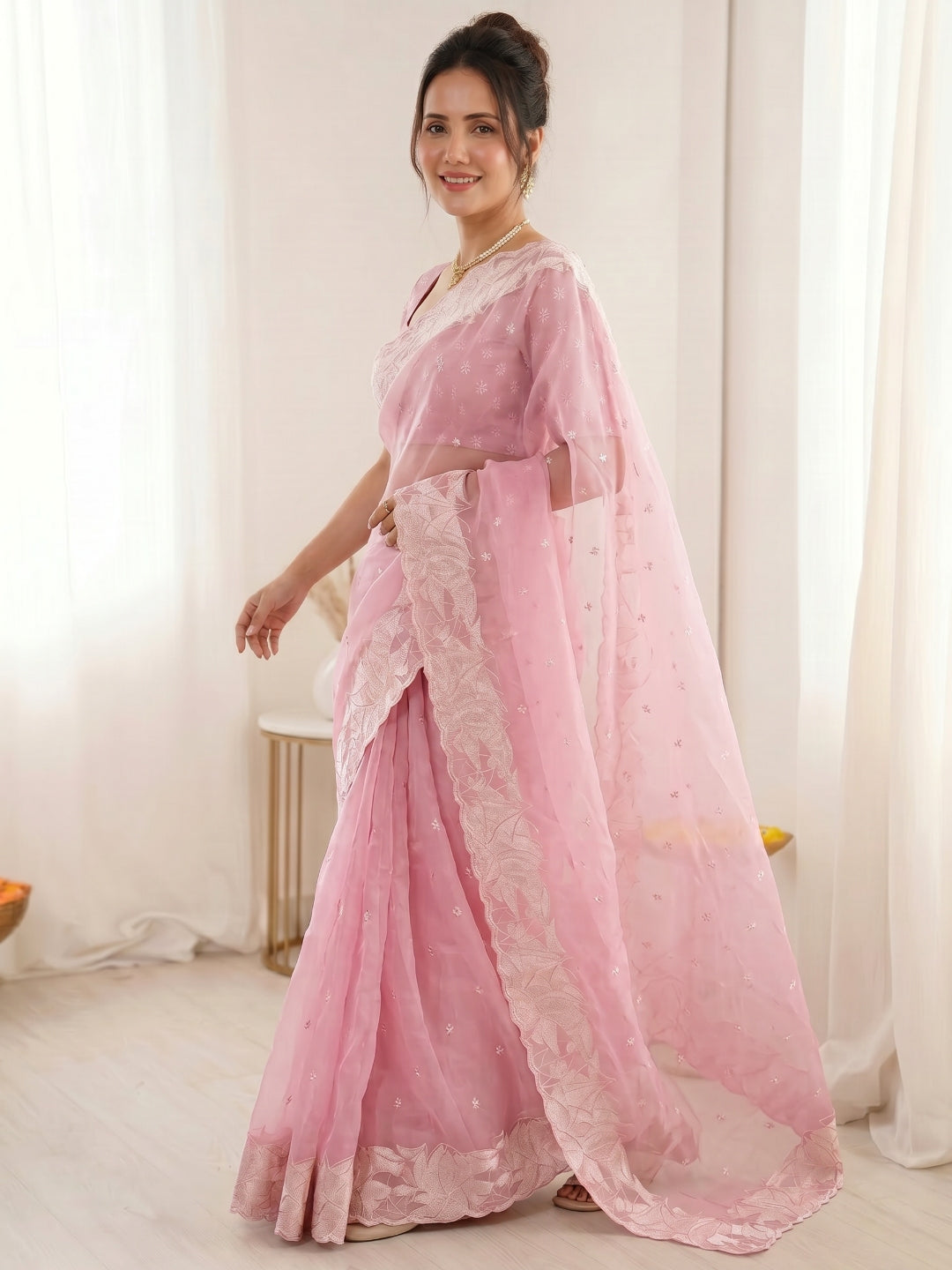 Pink Pure Organza Silk Crush Saree Designer Party Wear Saree With Turkish Work Embroidered Cutwork Border Wedding Festive Saree