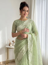 Pista Pure Organza Silk Crush Saree Designer Party Wear Saree With Turkish Work Embroidered Cutwork Border Wedding Festive Saree