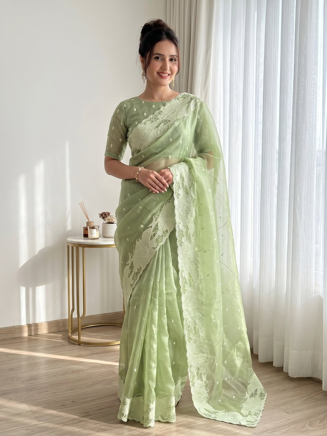 Pista Pure Organza Silk Crush Saree Designer Party Wear Saree With Turkish Work Embroidered Cutwork Border Wedding Festive Saree