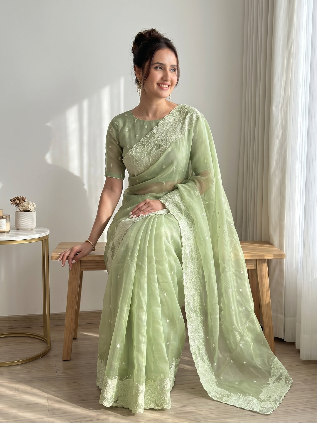 Pista Pure Organza Silk Crush Saree Designer Party Wear Saree With Turkish Work Embroidered Cutwork Border Wedding Festive Saree