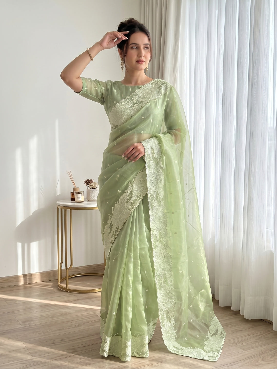 Pista Pure Organza Silk Crush Saree Designer Party Wear Saree With Turkish Work Embroidered Cutwork Border Wedding Festive Saree
