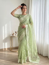 Pista Pure Organza Silk Crush Saree Designer Party Wear Saree With Turkish Work Embroidered Cutwork Border Wedding Festive Saree