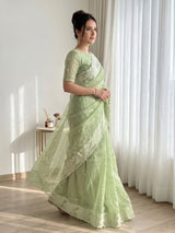 Pista Pure Organza Silk Crush Saree Designer Party Wear Saree With Turkish Work Embroidered Cutwork Border Wedding Festive Saree