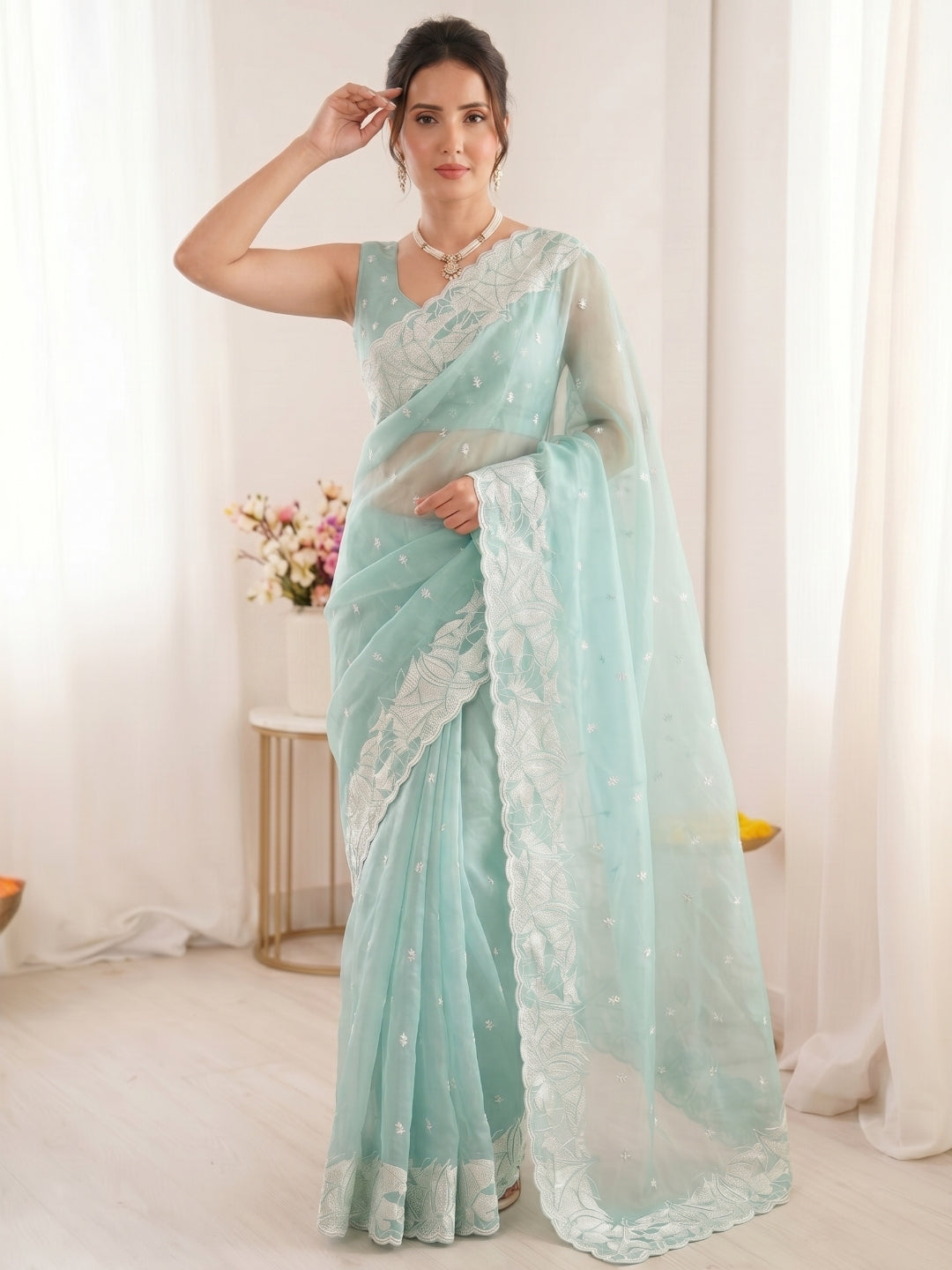 Sky Pure Organza Silk Crush Saree Designer Party Wear Saree With Turkish Work Embroidered Cutwork Border Wedding Festive Saree