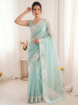 Sky Pure Organza Silk Crush Saree Designer Party Wear Saree With Turkish Work Embroidered Cutwork Border Wedding Festive Saree