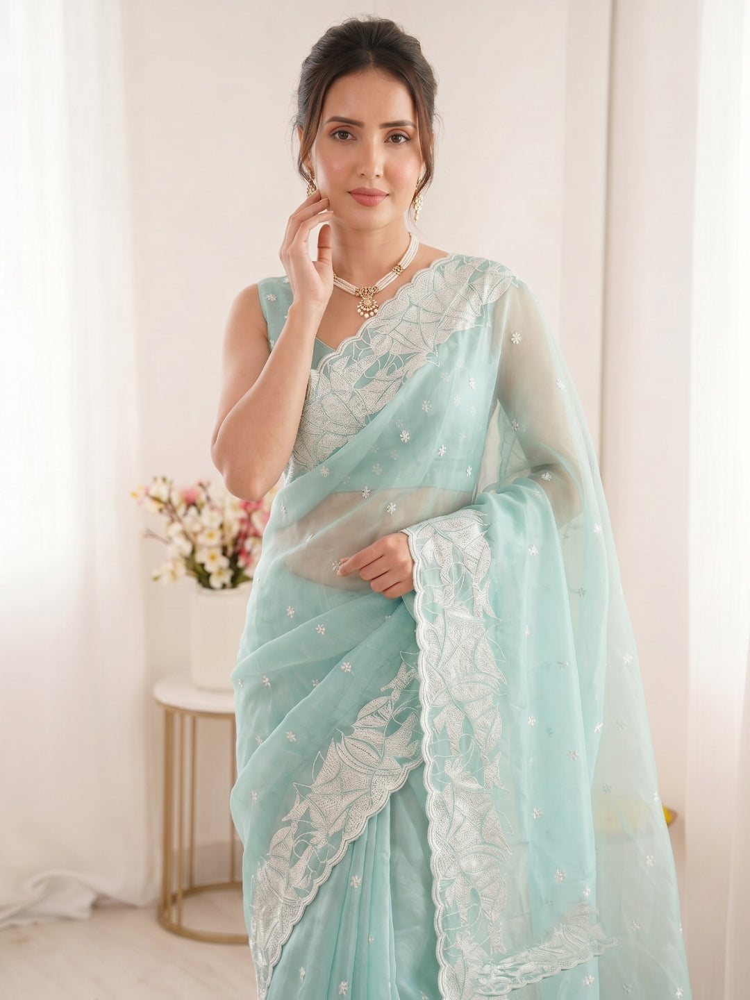 Sky Pure Organza Silk Crush Saree Designer Party Wear Saree With Turkish Work Embroidered Cutwork Border Wedding Festive Saree