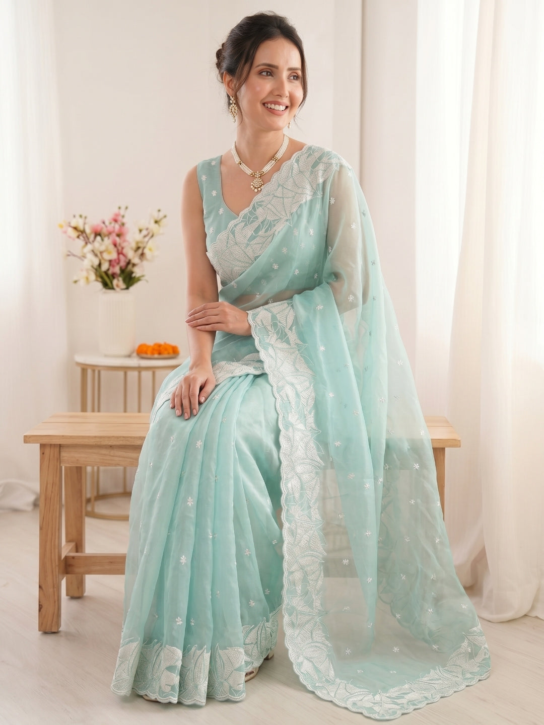 Sky Pure Organza Silk Crush Saree Designer Party Wear Saree With Turkish Work Embroidered Cutwork Border Wedding Festive Saree