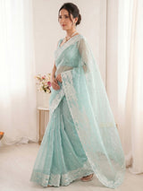 Sky Pure Organza Silk Crush Saree Designer Party Wear Saree With Turkish Work Embroidered Cutwork Border Wedding Festive Saree
