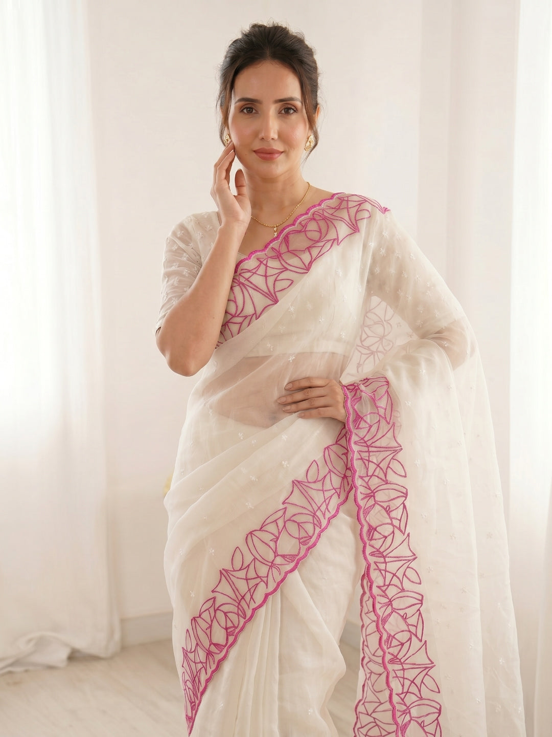 White Pure Organza Silk Crush Saree Designer Party Wear Saree With Turkish Work Embroidered Cutwork Border Wedding Festive Saree