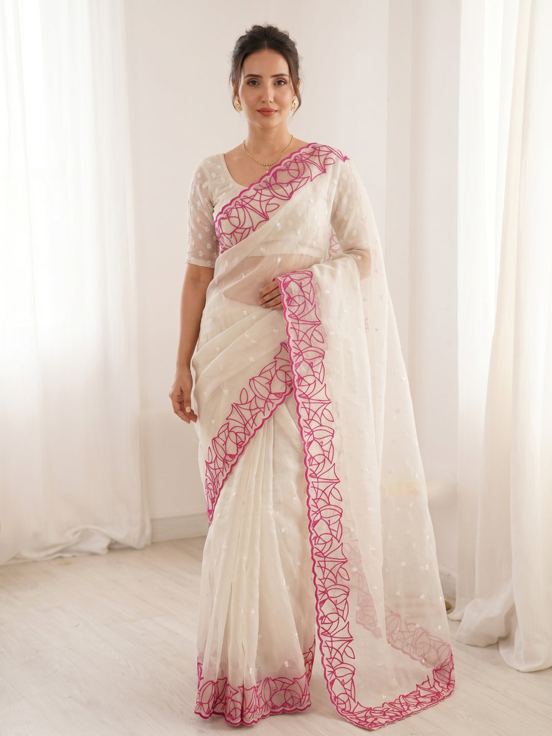 White Pure Organza Silk Crush Saree Designer Party Wear Saree With Turkish Work Embroidered Cutwork Border Wedding Festive Saree