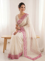 White Pure Organza Silk Crush Saree Designer Party Wear Saree With Turkish Work Embroidered Cutwork Border Wedding Festive Saree