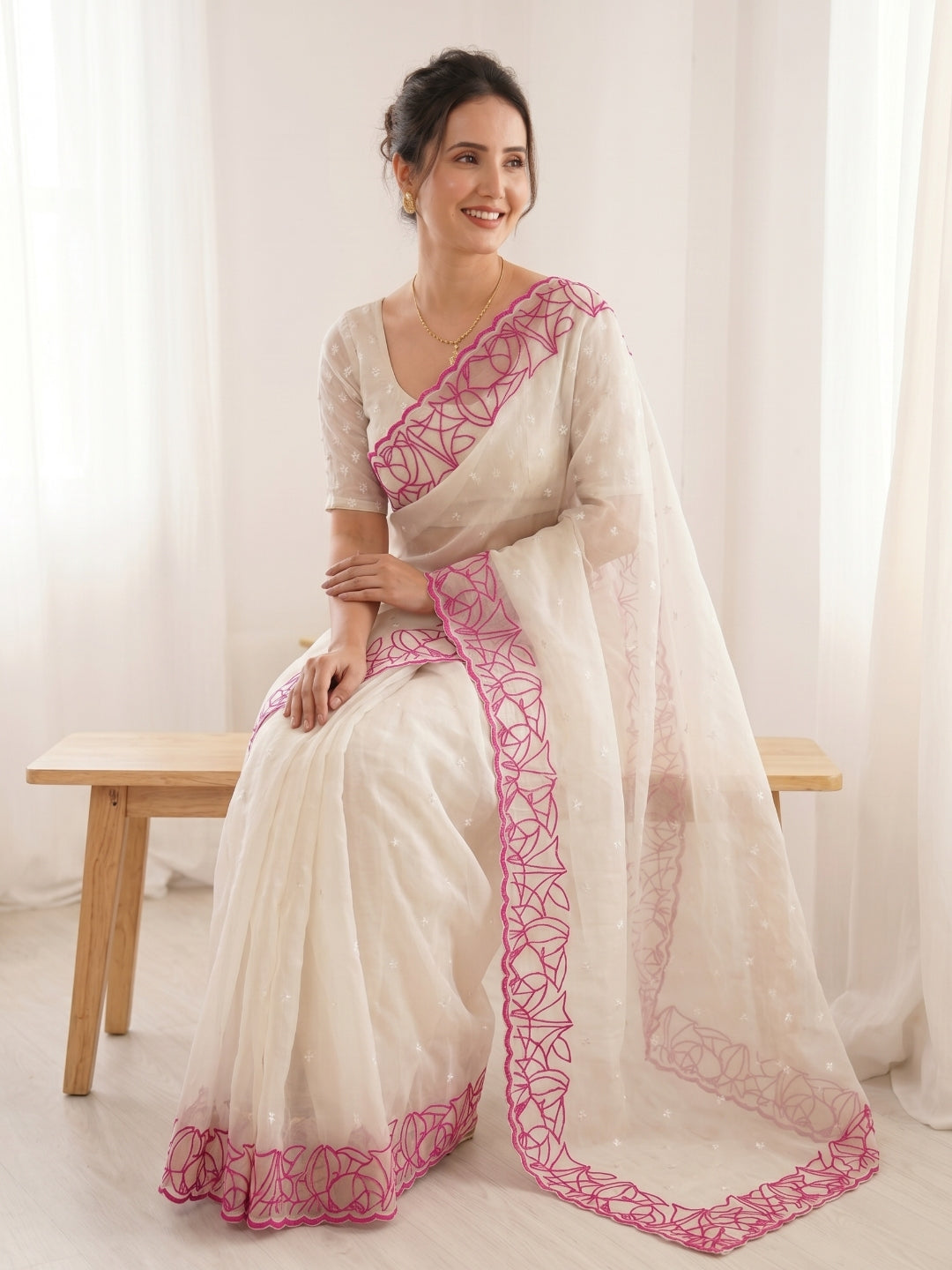 White Pure Organza Silk Crush Saree Designer Party Wear Saree With Turkish Work Embroidered Cutwork Border Wedding Festive Saree