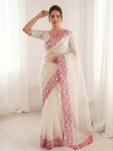 White Pure Organza Silk Crush Saree Designer Party Wear Saree With Turkish Work Embroidered Cutwork Border Wedding Festive Saree