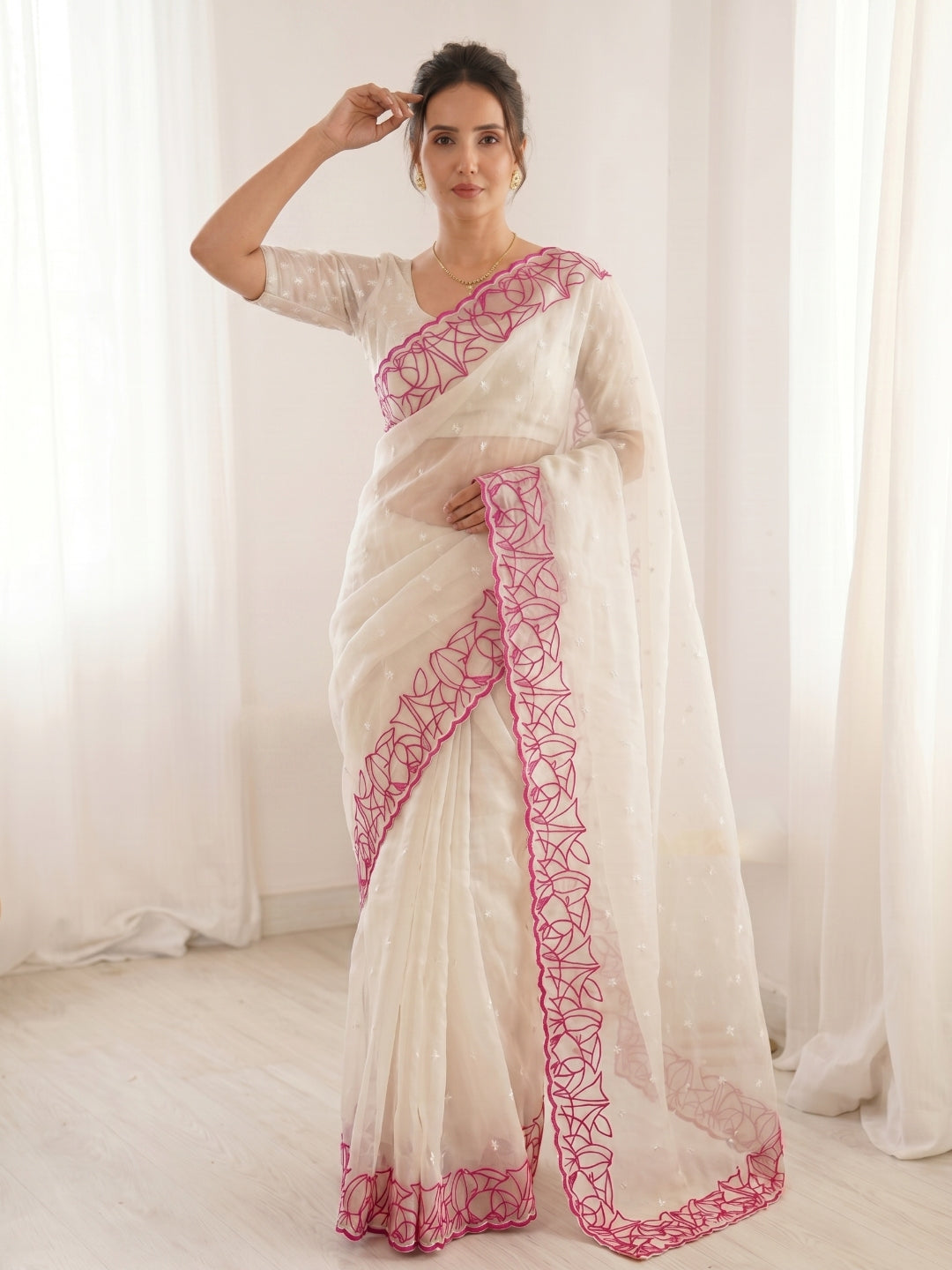 White Pure Organza Silk Crush Saree Designer Party Wear Saree With Turkish Work Embroidered Cutwork Border Wedding Festive Saree