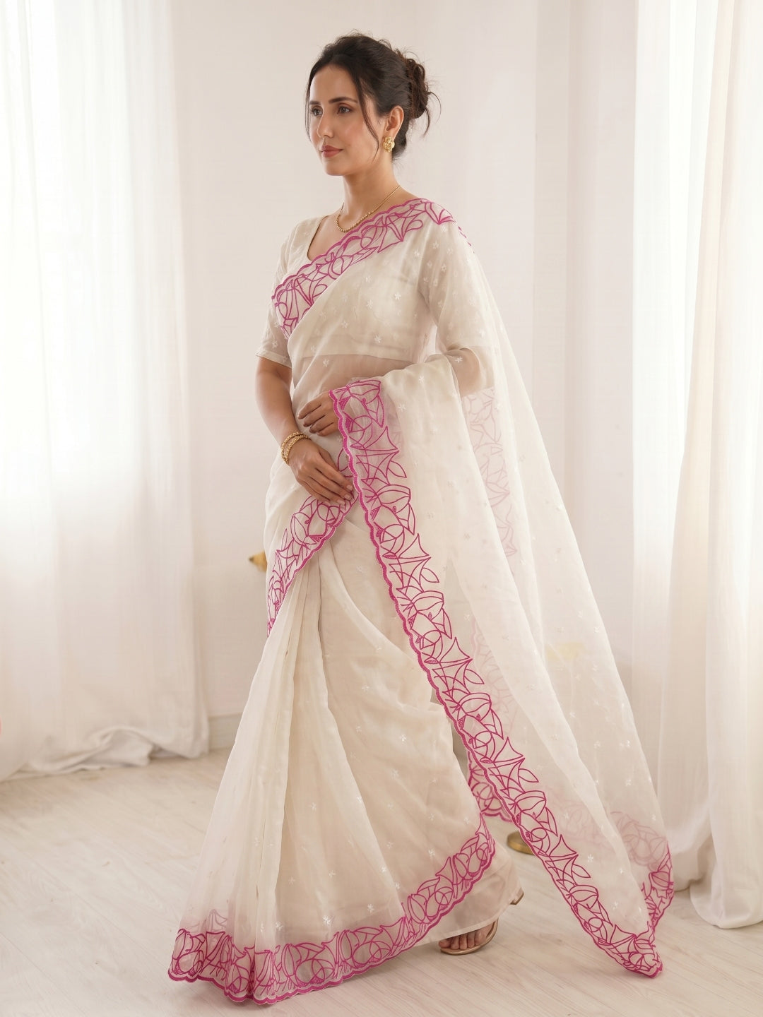 White Pure Organza Silk Crush Saree Designer Party Wear Saree With Turkish Work Embroidered Cutwork Border Wedding Festive Saree