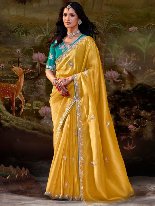 Yellow Pure Organza Sequins Thread Worked Designer Saree