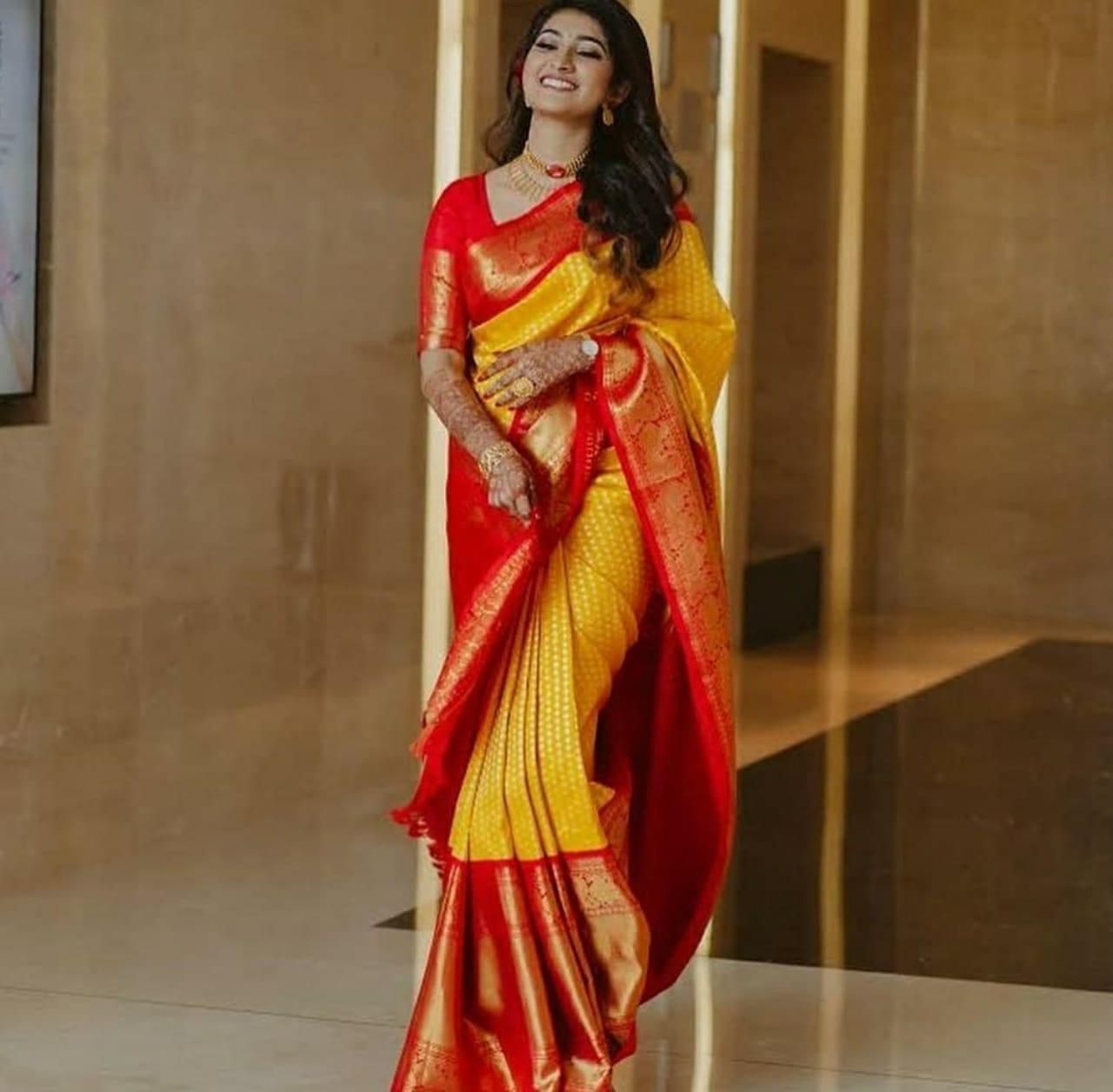 Improbable Yellow Soft Banarasi Silk Saree With Exuberant Blouse Piece - Mameraa