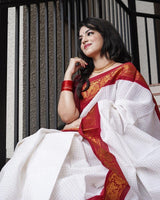Designer Off White Soft Banarasi Silk Saree With Majesty Blouse Piece