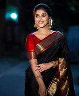 Outstanding Black Soft Banarasi Silk Saree With Lovely Blouse Piece